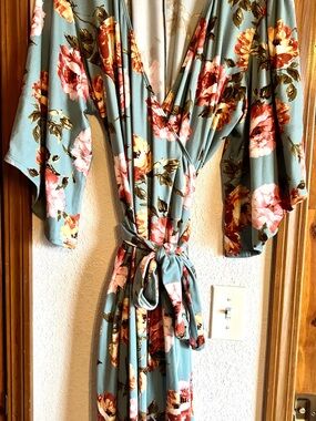 Kiyonna Floral Wrap Dress in Light Blue and Blush Pink